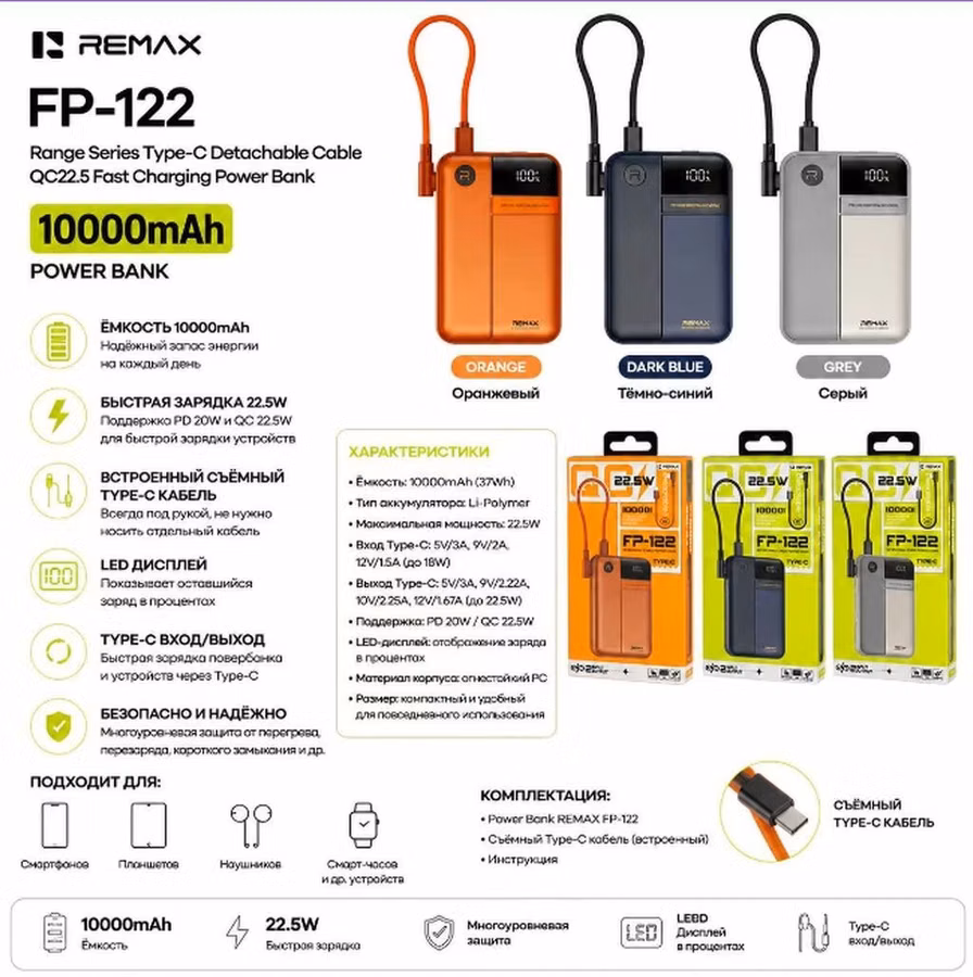 Power Bank REMAX FP-122 — 10000mAh Компактный внешний аккумулятор с